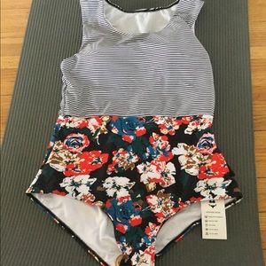 Stripe & Floral Print One Piece Swimwear NWT